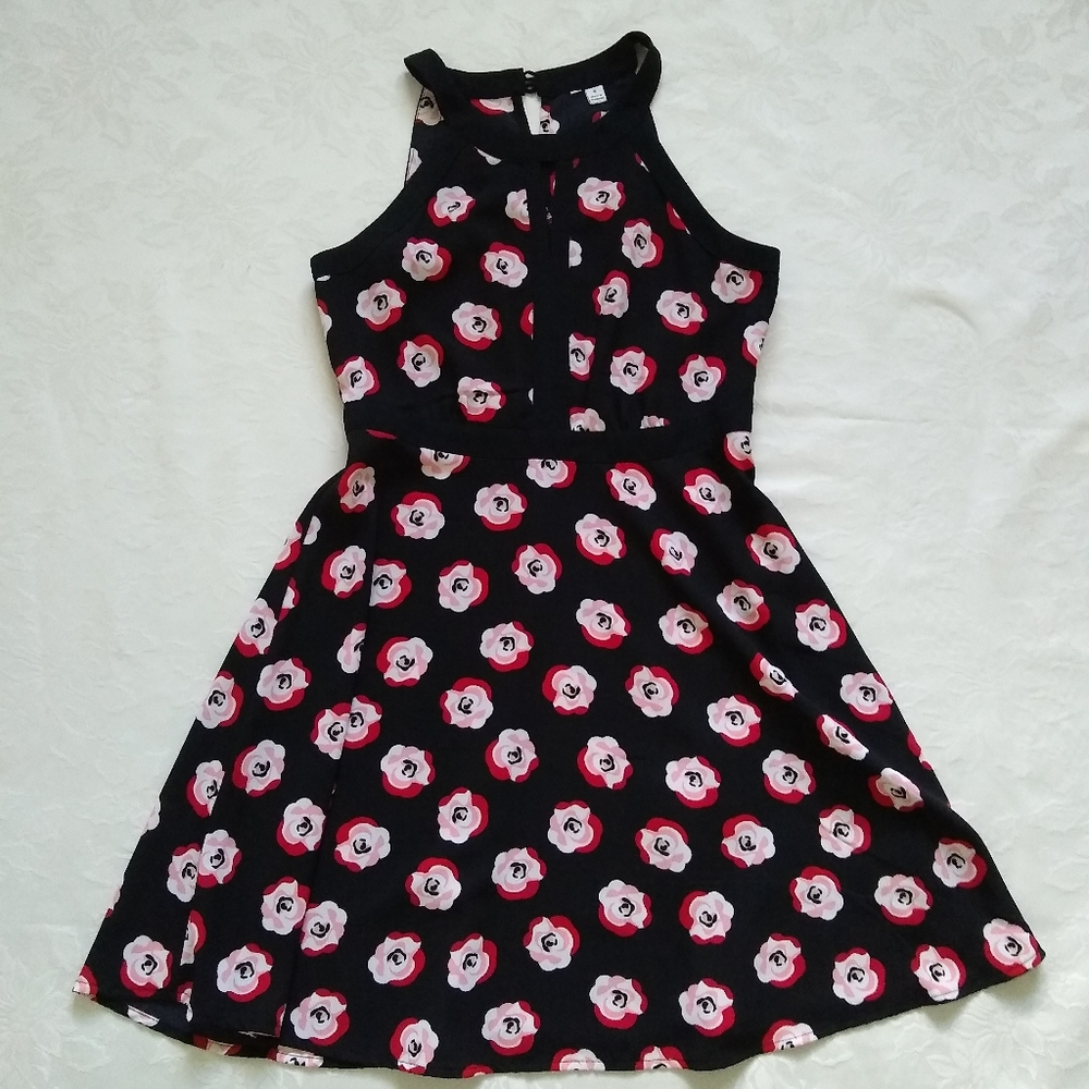 Mod Halter pink red poppies flower swing fit & flare dress - Picture 1 of 7